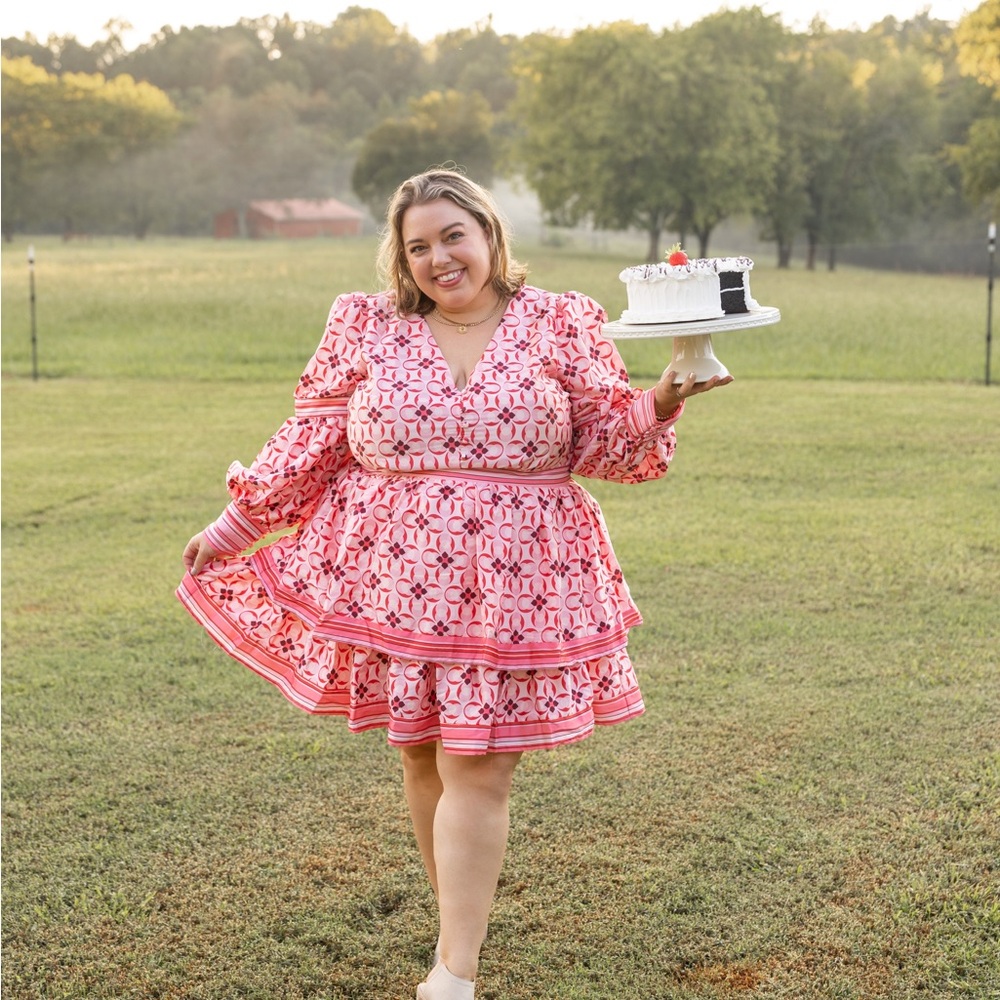 Eloquii Tiered Mini Dress Pink/Red Pattern